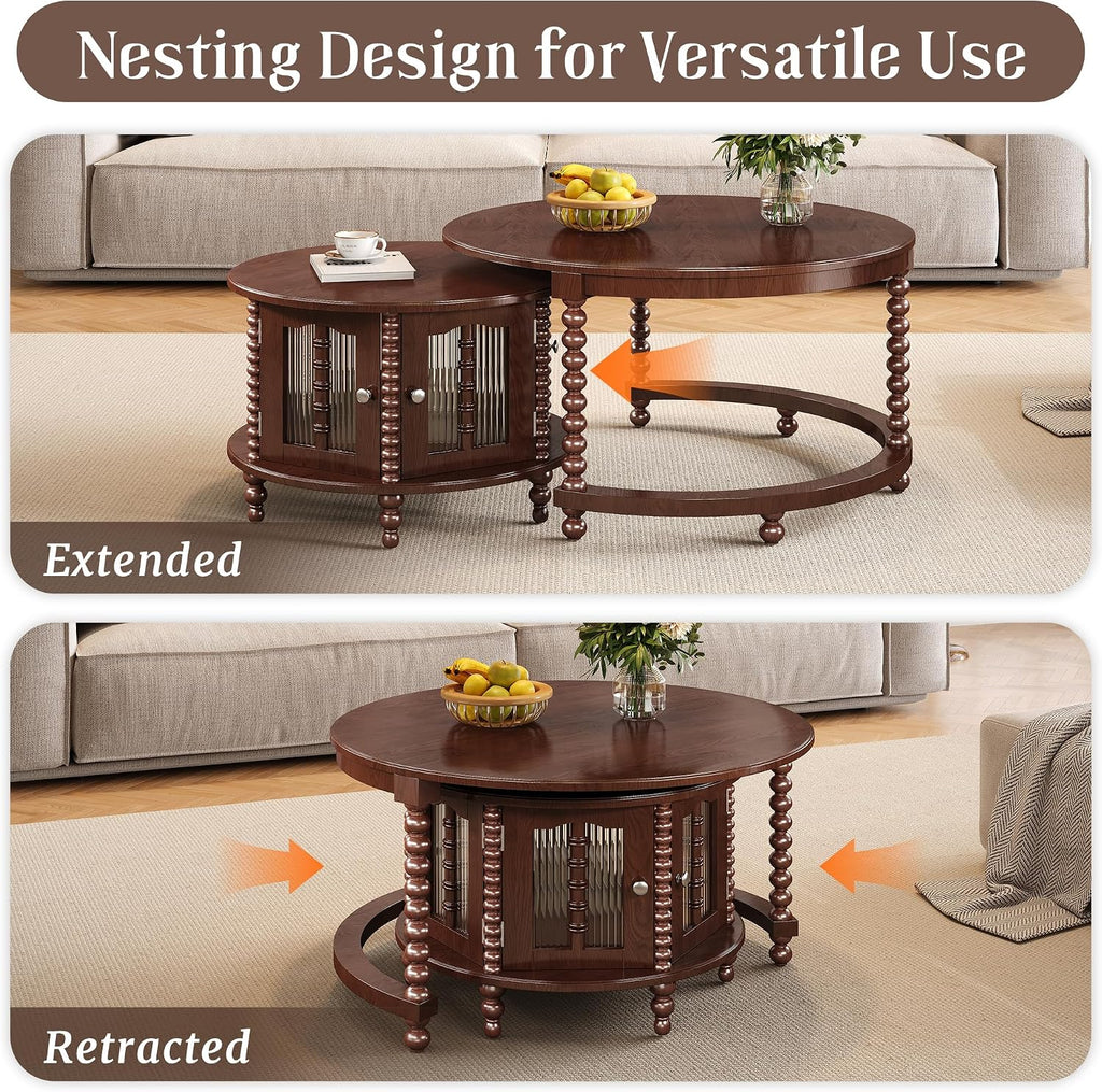 31.5' Walnut Nesting Coffee Table Set of 2, Vintage Round Coffee Table for Living Room with Storage Retro Beaded Leg End Side Table for Bedroom