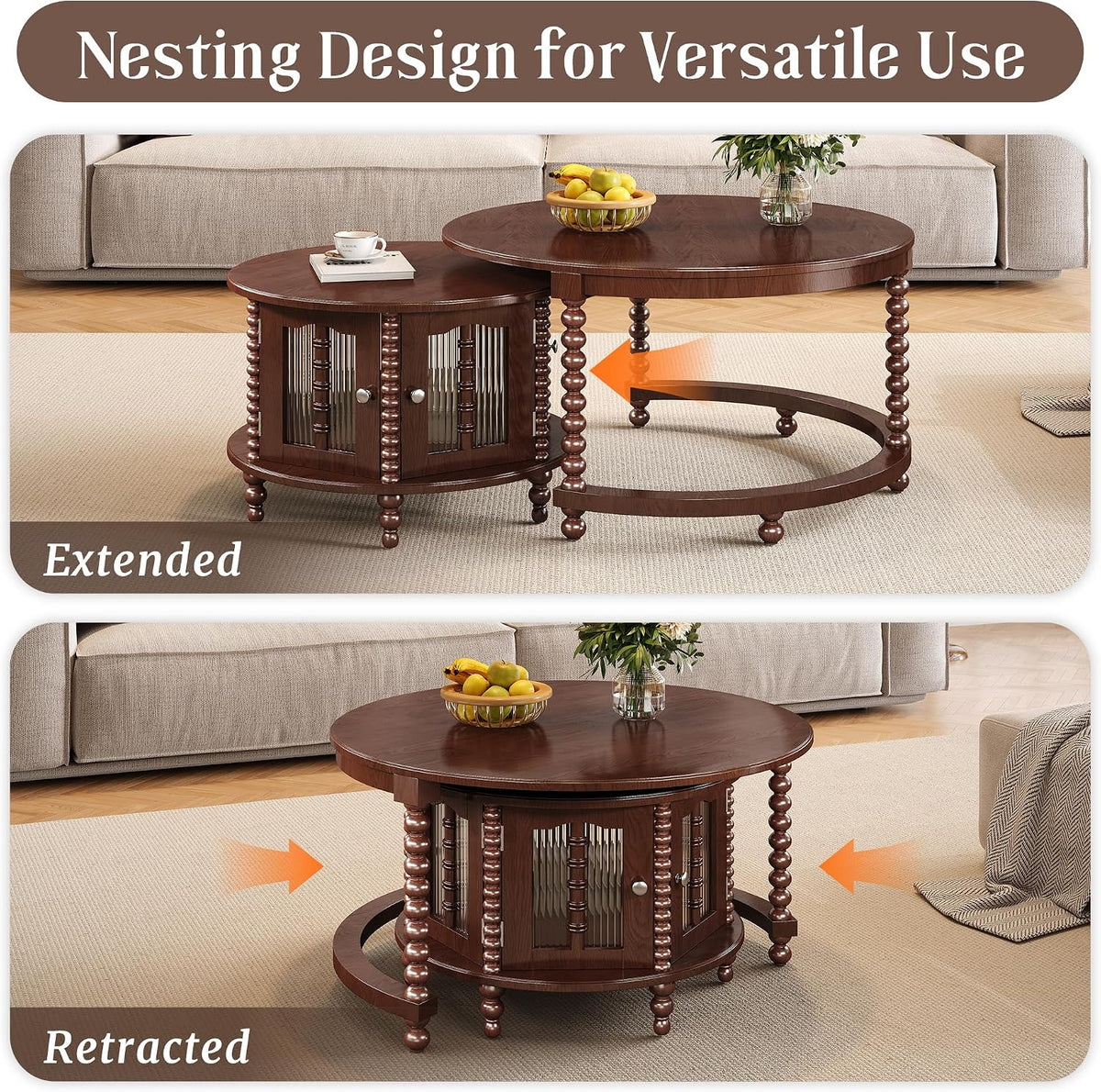 31.5' Walnut Nesting Coffee Table Set of 2, Vintage Round Coffee Table for Living Room with Storage Retro Beaded Leg End Side Table for Bedroom