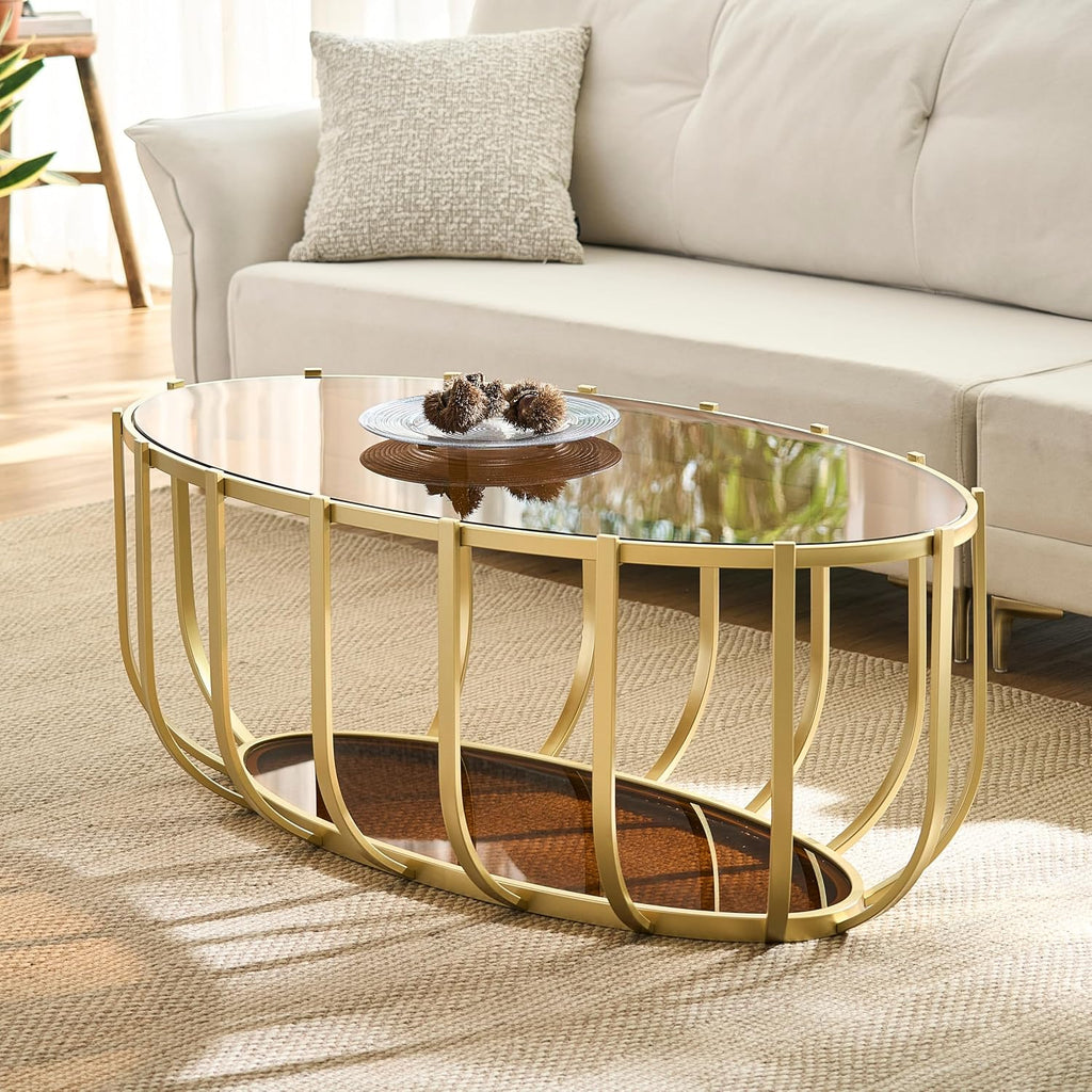 Shrine Gold Oval Glass Coffee Table, Mid-Century Modern Design, 2-Tier Structure, Brown Glass Top and Shelf, 42.5' D x 22.8' W x 16.5' H, Glam Gold Metal Cage-Frame