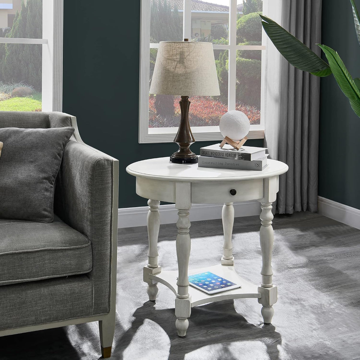 Oval End Table with Drawer, Solid Wood Sofa Side Storage Shelf, Traditional Living Room Corner Table, Nightstand, Easy Assembly 28INCH x 22INCH 24INCH Antique Walnut CJZ2233RW White