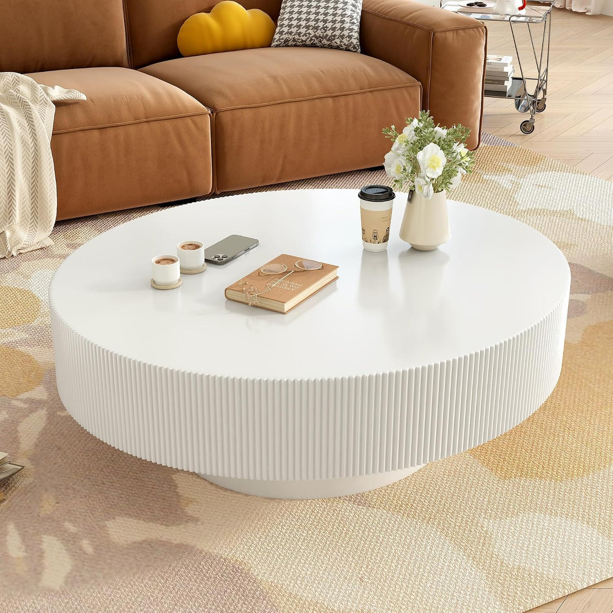 Round 31.5' Coffee Table with 6.8' Thick Tabletop,Modern Drum End Table,Minimalist Fluted Center Table with Sturdy Base for Living Room,Elegant Easy Assembly,White