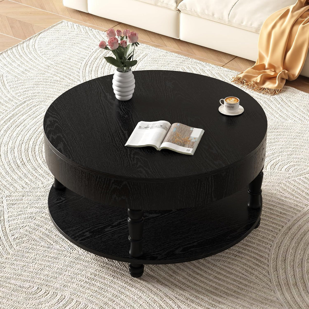 Round Coffee Table for Living Room 31.5' W Small Coffee Tables with Storage Open Shelf 2-Tier Modern Design Industrial Circle Wood Center Home Furniture Apartment Black