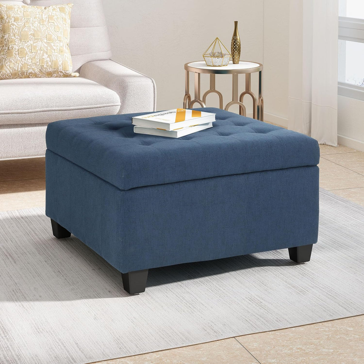 YOPTO 31' Square Storage Ottoman,Linen Footrest with Wooden Legs,Upholstered Button Tufted Coffee Table for Living Room,Navy Blue