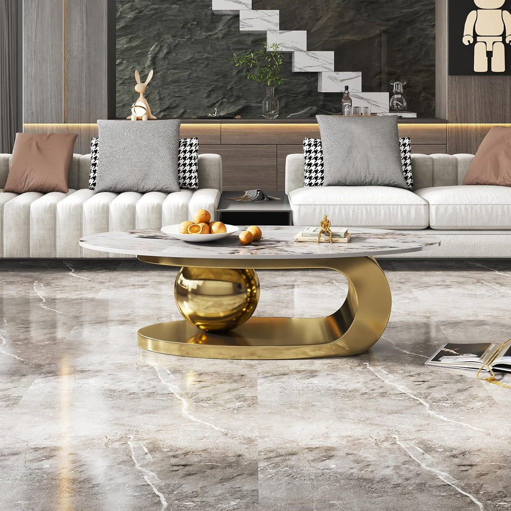 SSLine Modern Oval Coffee Table Luxury Sintered Stone Top Coffee Table with Sculptural Geometric Stainless Steel Base,Mid-Century Marble Grain Center Table for Living Room,Gold