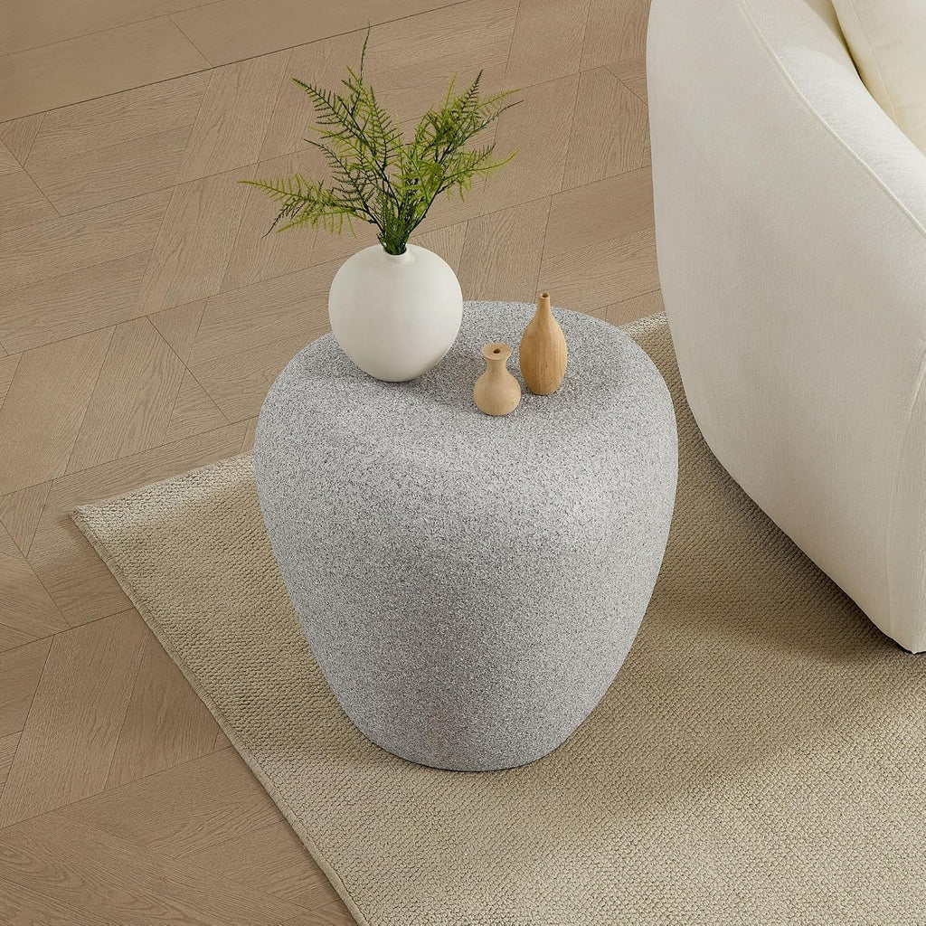 19.29'' Faux Stone Side Table End Table for Living Room, Modern Contemporary Style, Fiberglass Material & Grainy Stone Paint, No Assembly, Beige