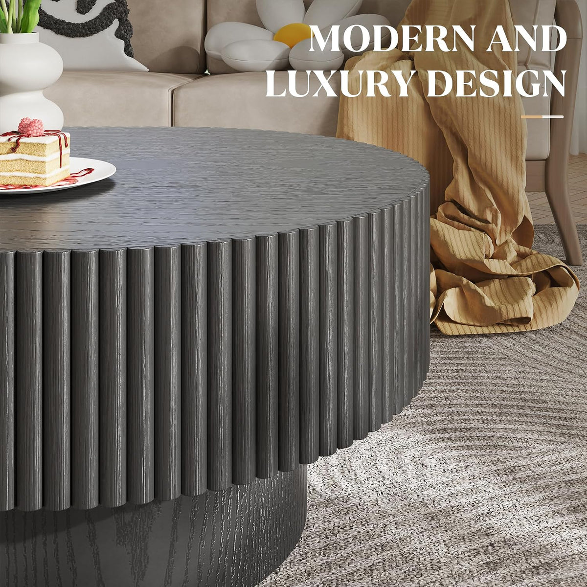 YOUDENOVA 43.7' Oval Coffee Table, Modern Wood Fluted Coffee Table for Living Room, Veneer Handcrafted Relief Center Table with Sturdy Pedestal，Easy Assembly - Black