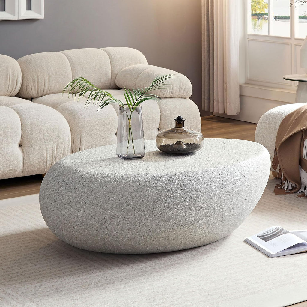 Faux Stone Coffee Table Set of 2 for Living Room, Modern Mid-Century Rustic Round Oval Curved Coffee Table, Fiberglass Material & Grainy Stone Paint, No Assembly, Beige