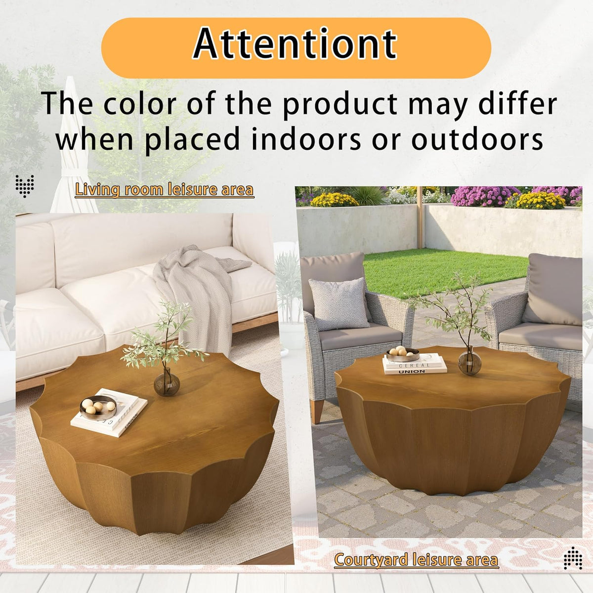 ø35.43'' Faux Stone Coffee Table for Living Room & Outdoor, Faux Concrete Cement Round Circle Drum Coffee Table, MGO Material for Waterproof, No Assembly, Wood