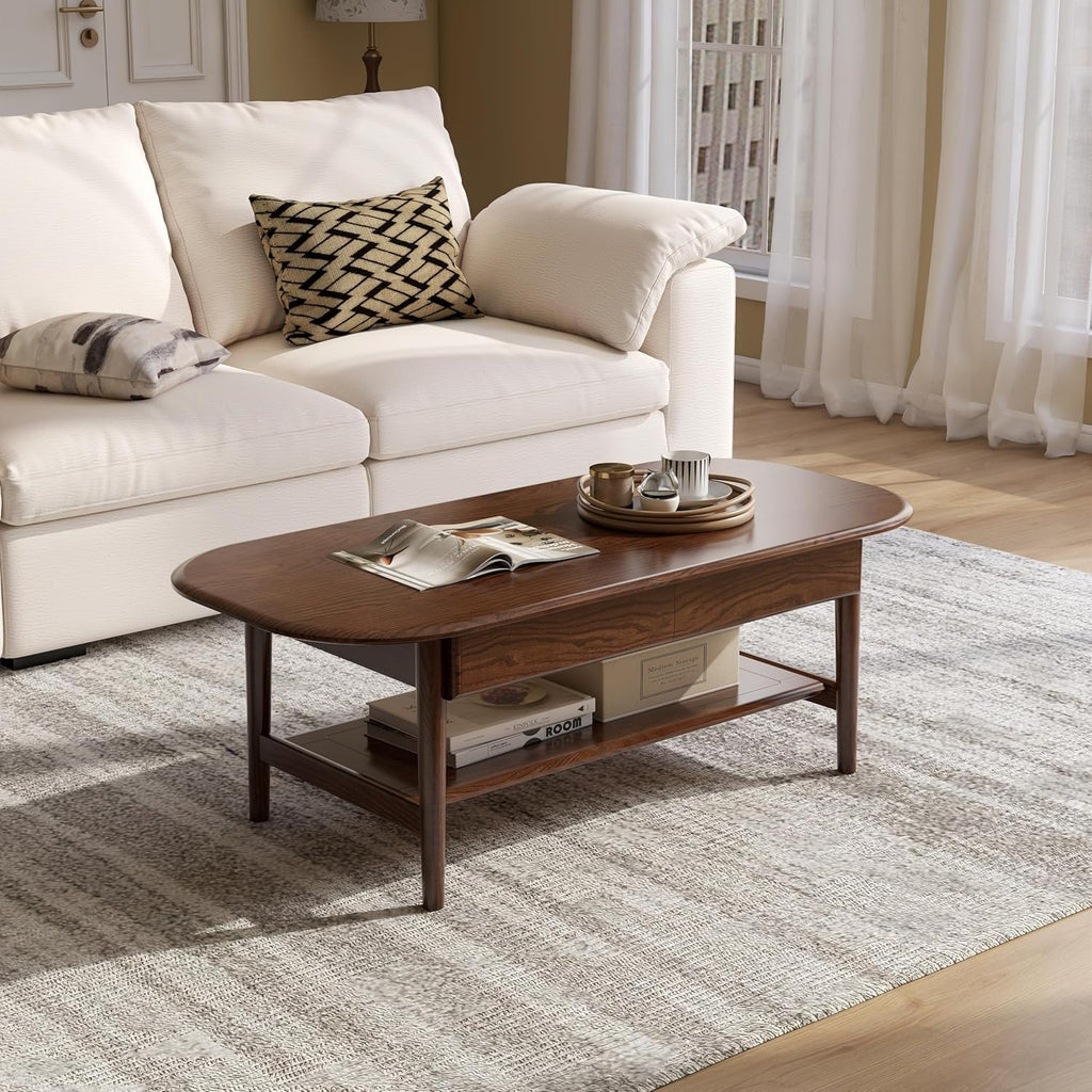 100% Solid Oak Wood Coffee Table for Living Room, 2-Tier Mid-Century Modern Table with 2 Drawers & Open Shelf, Living Room Table with Rounded Corner for Home (Oak Walnut Finish, 47.24'' W)
