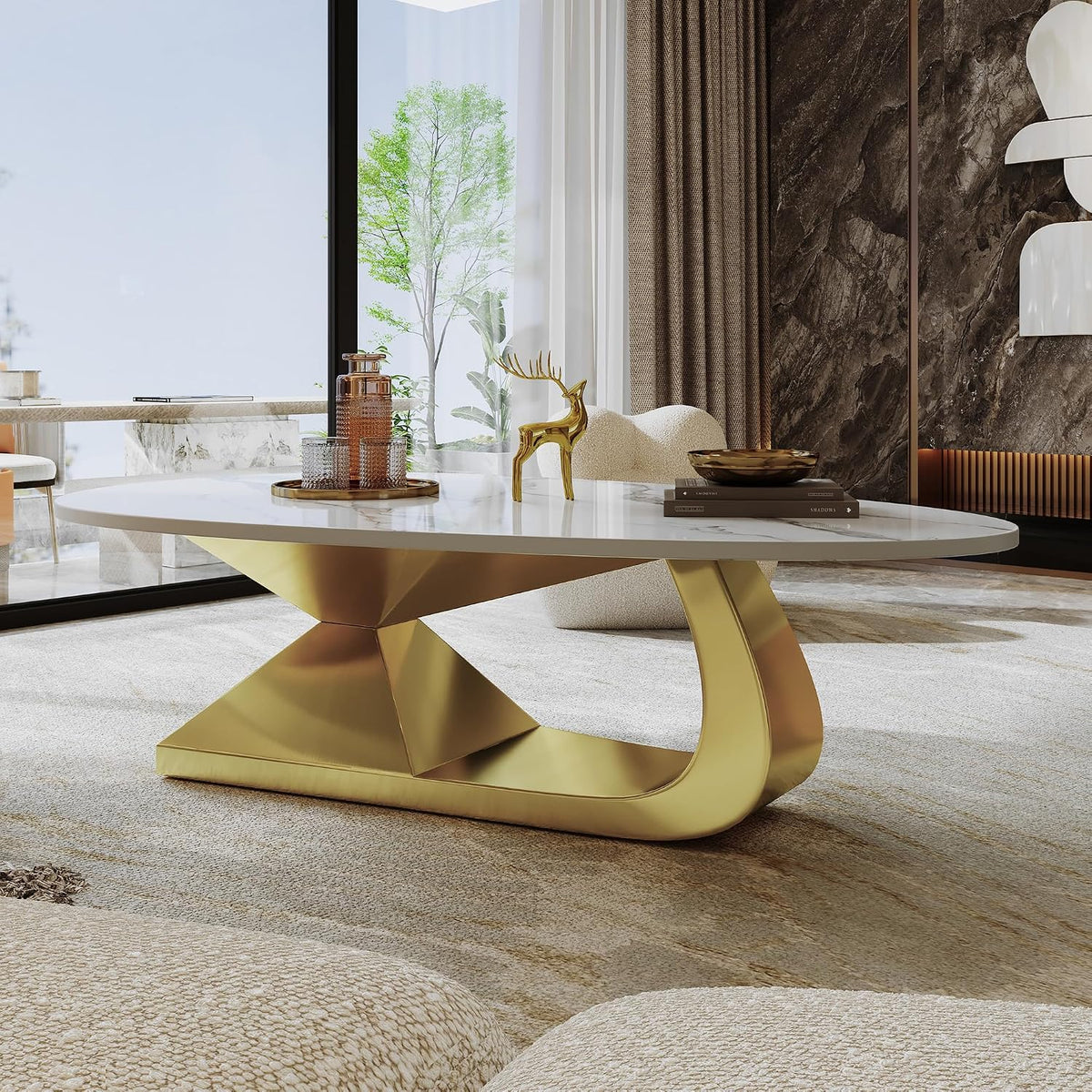 Modern Sintered Stone Coffee Table with Stainless Steel Base - Elegant and Durable Living Room Table