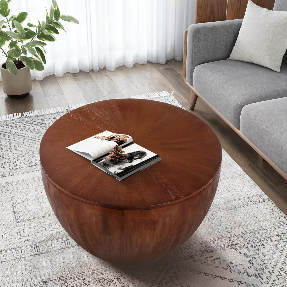 31.50' Round Wood Coffee Table, Retro Fashion Modern Coffee Table Splicing Design Side Cabinet Coffee Table, Wood Look Accent Furniture for Office, Dining Room and Living Room