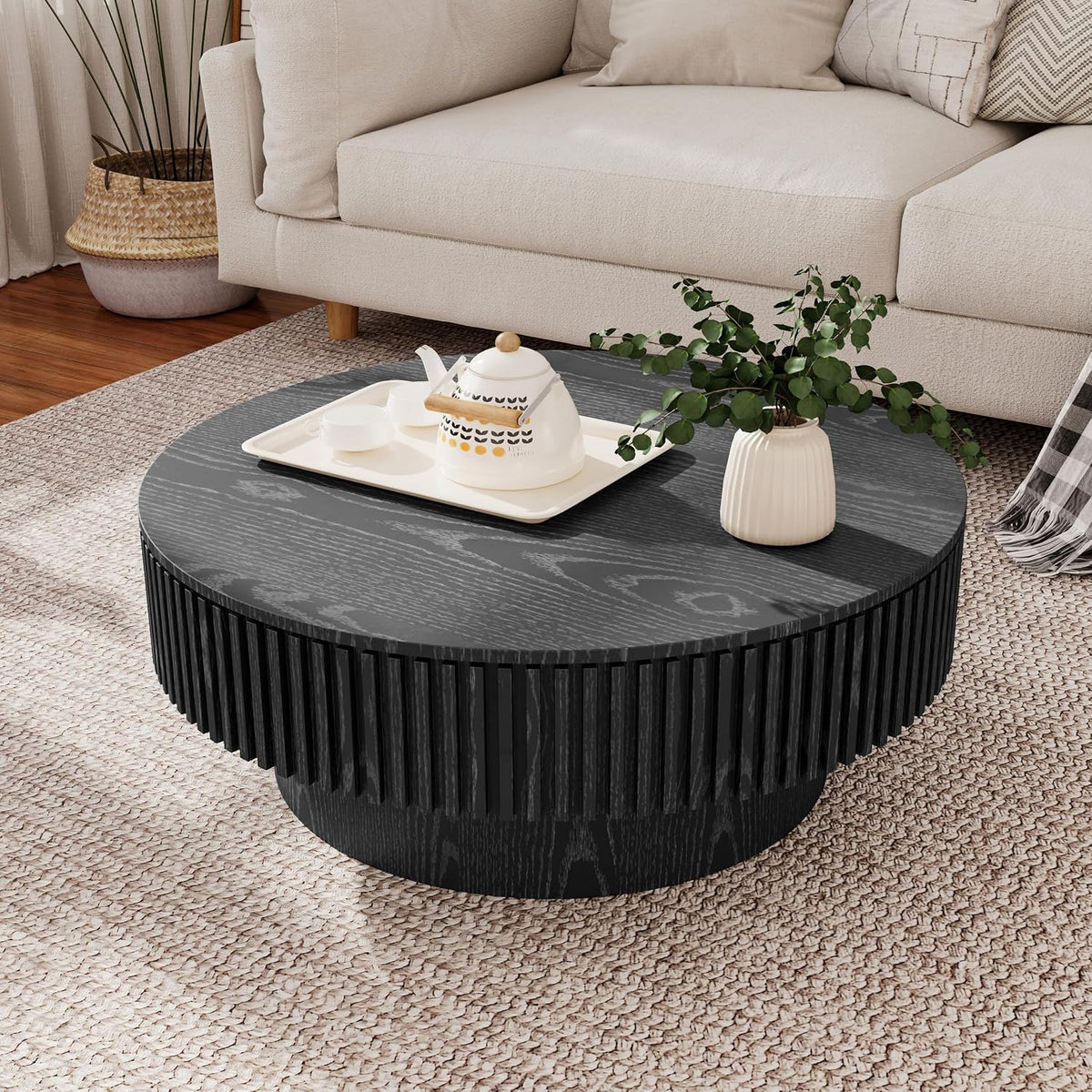φ31.5 Round Coffee Table with Storage, Wood Veneered Pedestal End Table for Living Room, Modern Contemporary Circle Fluted Drum Side Table for Small Space - ø31.5' x 14'H Black