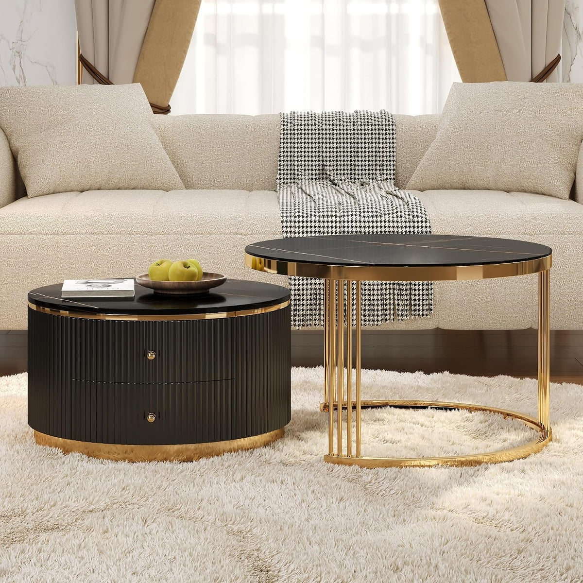 27.6' Black Nesting Coffee Table Set of 2, Modern Round White Coffee Table for Living Room with Storage Drawer Marble Tabletop End Side Table for Bedroom