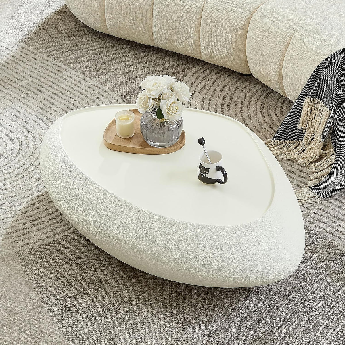 45.28' Oval Coffee Table, Modern Faux Stone Circle Center Tables Accent Drum End Side Table for Living Room, No Installation Required,White