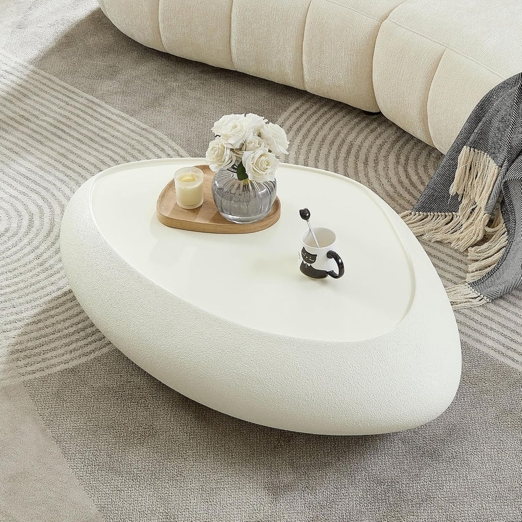 47' Faux Stone Coffee Table Modern Unique Coffee Table Rock Center Tables Round Edge Design Fiberglass Accent Tables for Living Room Office Apartment No Assembly Required White