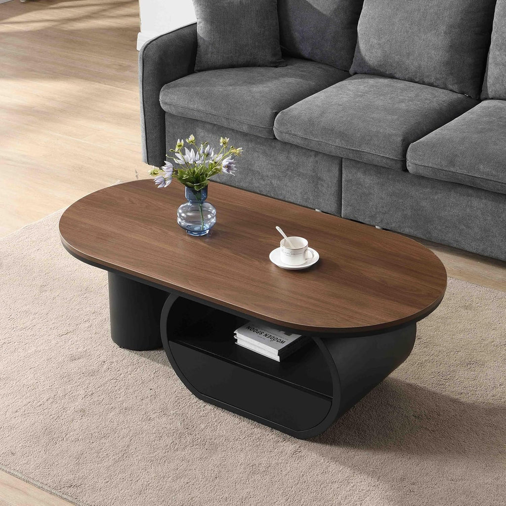 SSLine Modern Oval Coffee Table with Unique Pedestal Base Modern Walnut Top Coffee Table with Storage Drawer for Living Room Bedroom