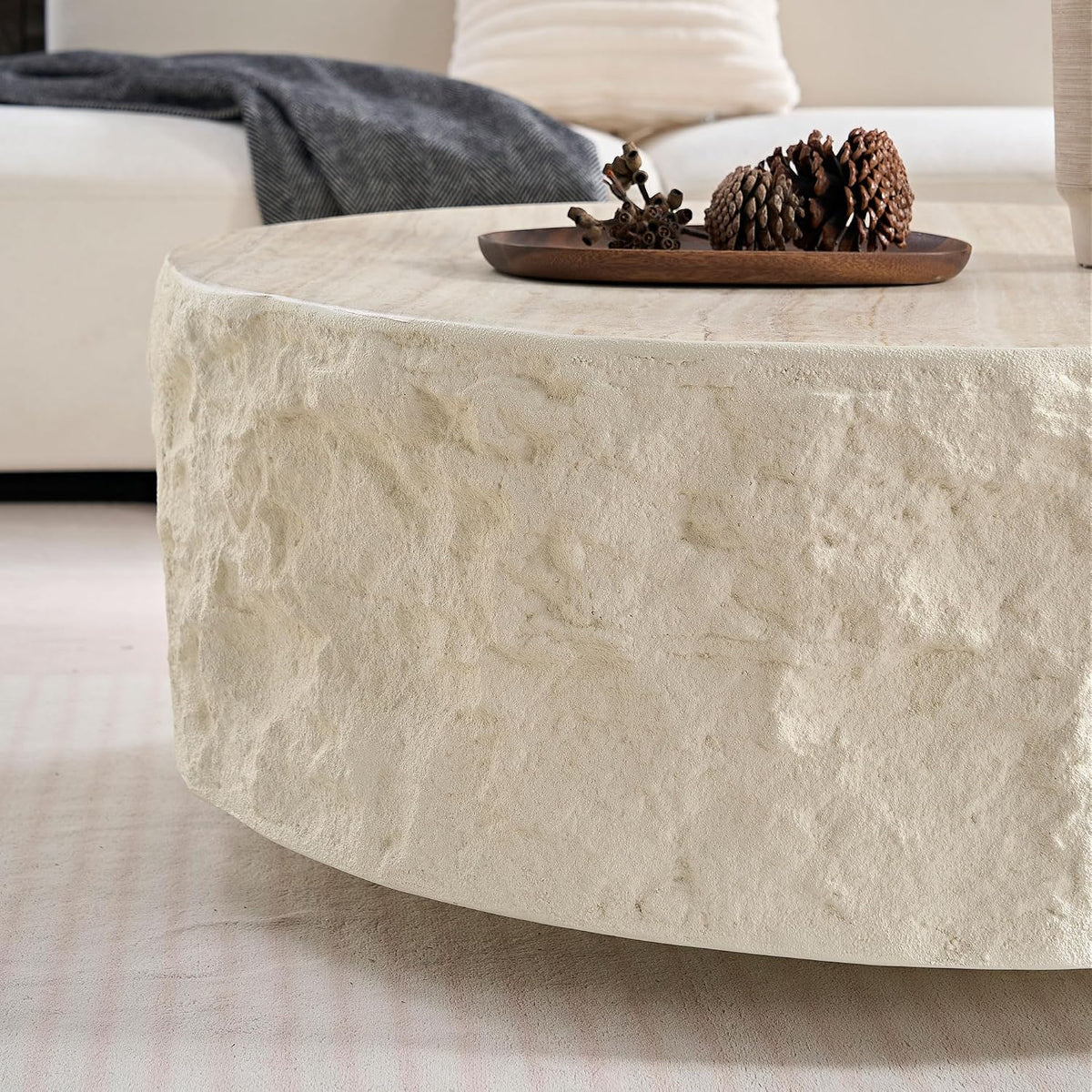 Faux Rock Coffee Table,Drum Coffee Table Fiberglass Round Tea Table for Living Room, Accent Imitation Stone Central Table No Need Assembly, Beige White