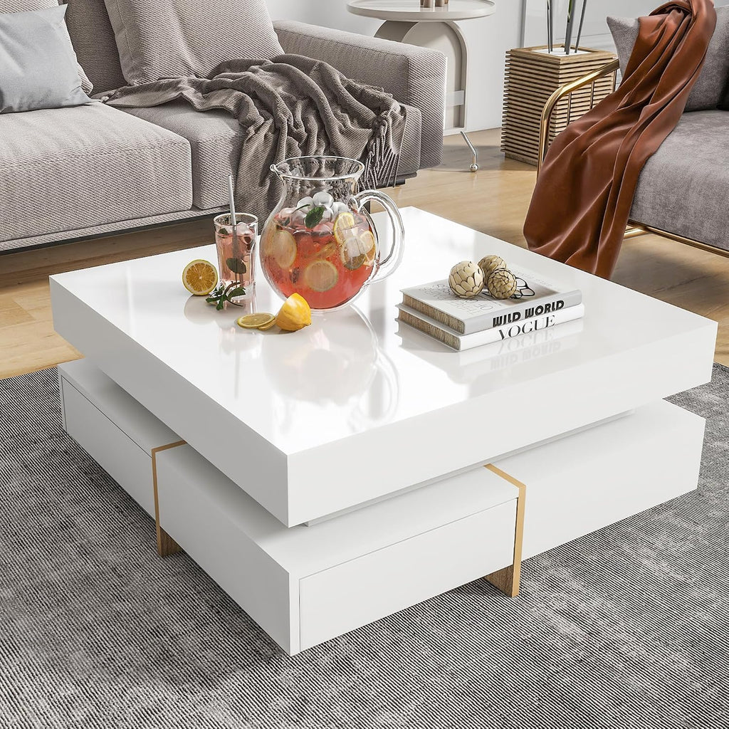 31.5' Square Coffee Table with 4 Drawers and High Gloss Surface, Modern White Cocktail Tea Table with Wood Grain Legs for Living Room or Bedroom