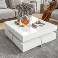 31.5' Square Coffee Table with 4 Drawers and High Gloss Surface, Modern White Cocktail Tea Table with Wood Grain Legs for Living Room or Bedroom