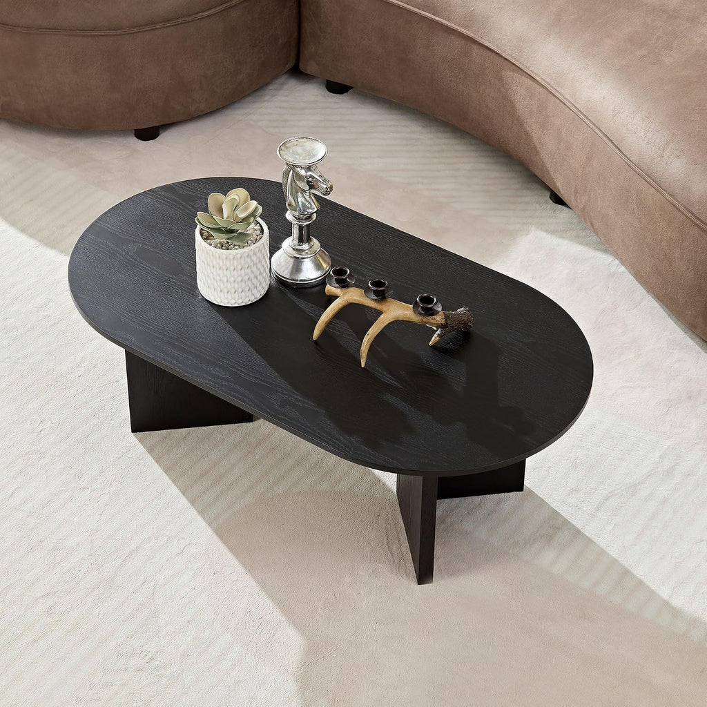JUSTONE 39.37'' Oval Coffee Table, Farmhouse Wood Coffee Table for Living Room, Contemporary Minimalist Handcraft Coffee Table with Strong Legs, Easy Assembly (Black)