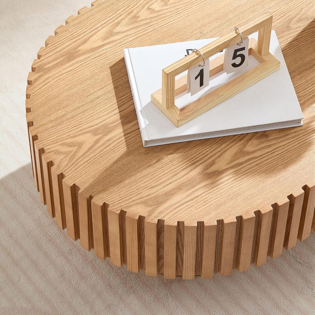 LUMISOL Oval Coffee Table for Living Room, 43.37' Modern Handcraft Drum Center Table with Sturdy Pedestal for Office, Apartment, Natural
