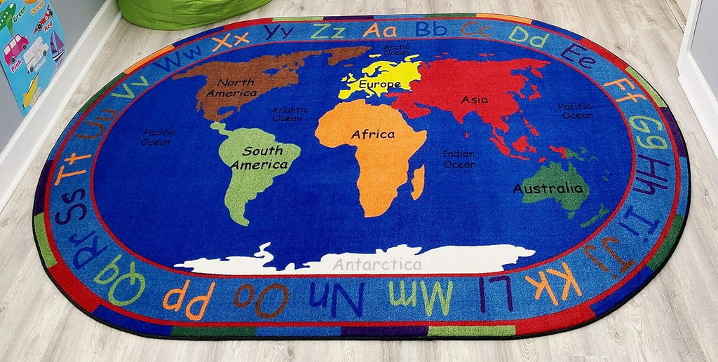 KIDCARPET.COM All Around The World Map Rug, 7'6' x 12' Oval, Multicolored