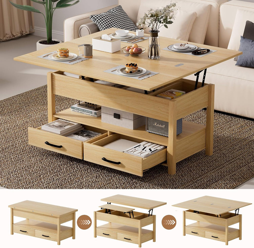 SYESWAY 42'' Lift Top Coffee Table, 4-in-1 Multifunctional Lift Coffee Table with Storage & Hidden Compartments, Farmhouse Coffe Table with Lifting top for Living Room, Dining Reception Room, Wood