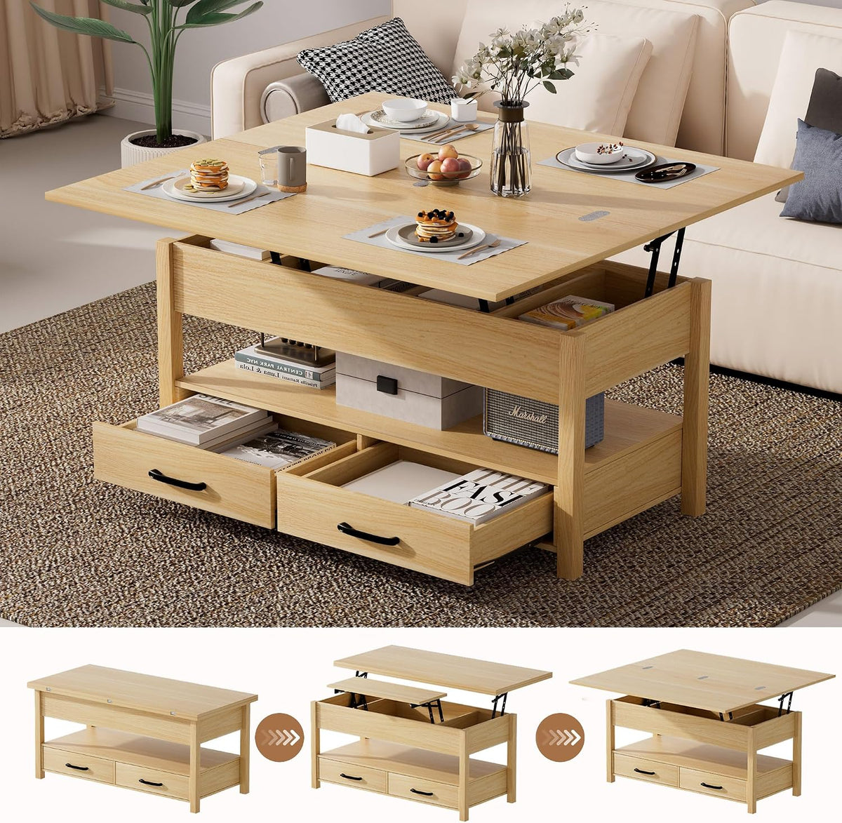 SYESWAY 42'' Lift Top Coffee Table, 4-in-1 Multifunctional Lift Coffee Table with Storage & Hidden Compartments, Farmhouse Coffe Table with Lifting top for Living Room, Dining Reception Room, Wood