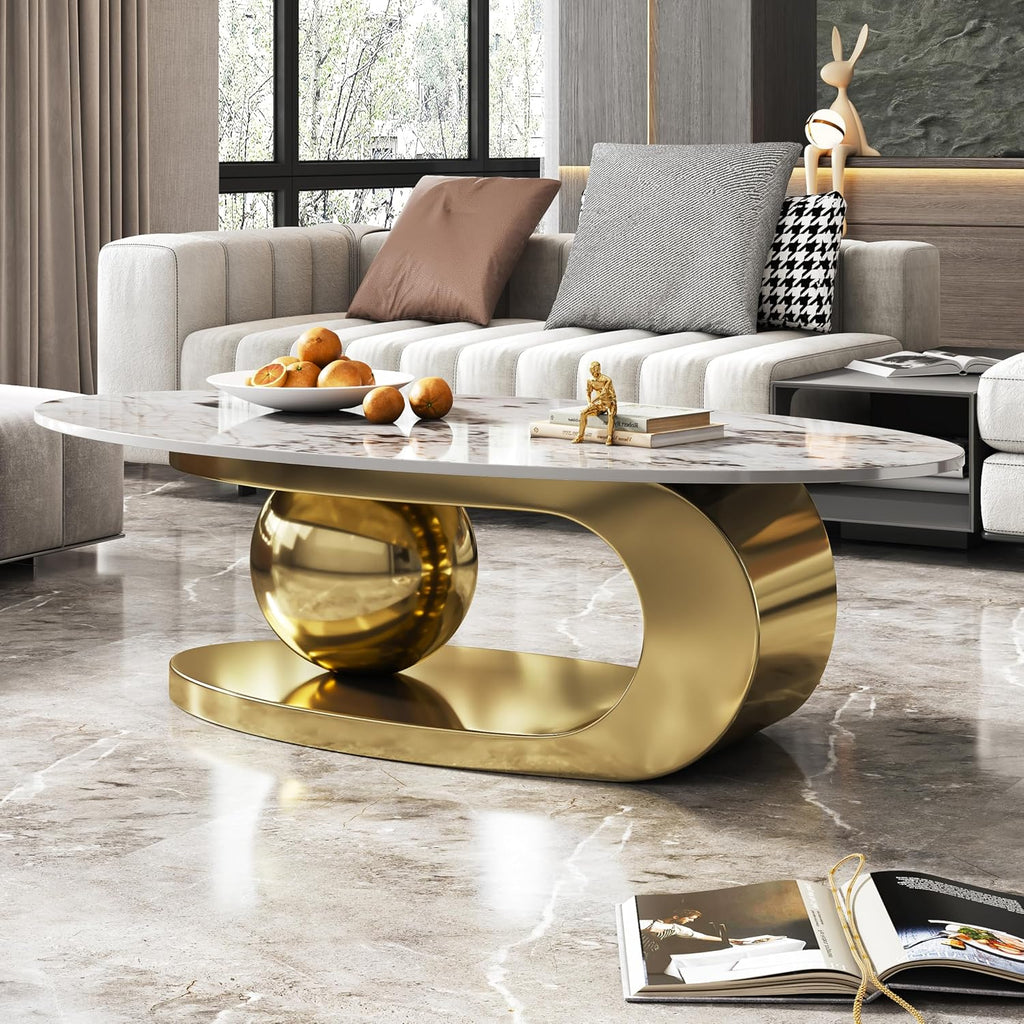 Oval Coffee Table with Sintered Stone Top, 49' Luxury Modern Center Table with Marble Pattern Table Top & Gold Stainless Steel Base, Easy to Clean C-Shape Unique Furniture for Living Room
