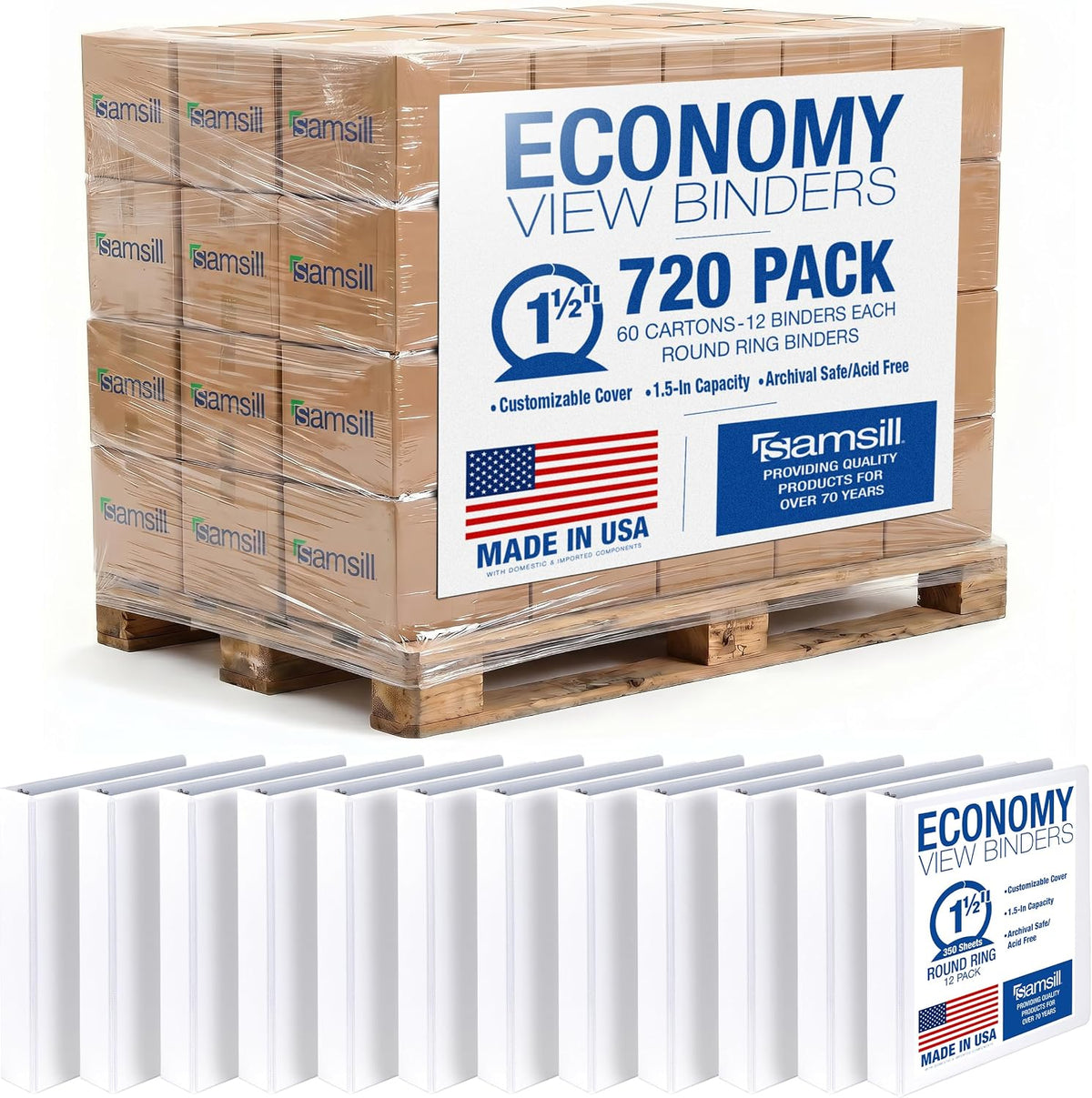 Samsill Economy 1.5 Inch 3 Ring Binder Bulk Pallet, Round Ring Binder, Customizable Clear View Cover, White, Pallet of 720 Binders in 60 Cartons