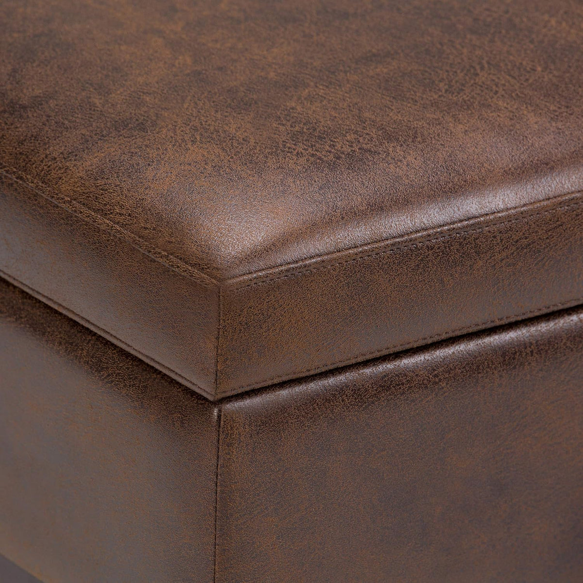 SIMPLIHOME Owen Square Coffee Table Storage Ottoman - 36 inch Wide Upholstered Vegan Leather Lift-Top Ottoman in Distressed Chestnut Brown, Mid-Century Ottoman for Living Room with Tufted Detail