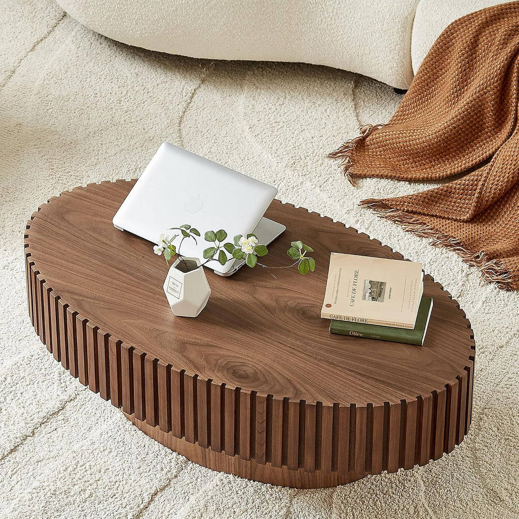 Oval Coffee Table for Living Room, Modern Fluted Coffee Tables with Pedestal Base, Handcrafted Centre Tea Tables Easy Assembly-43.7' Walnut