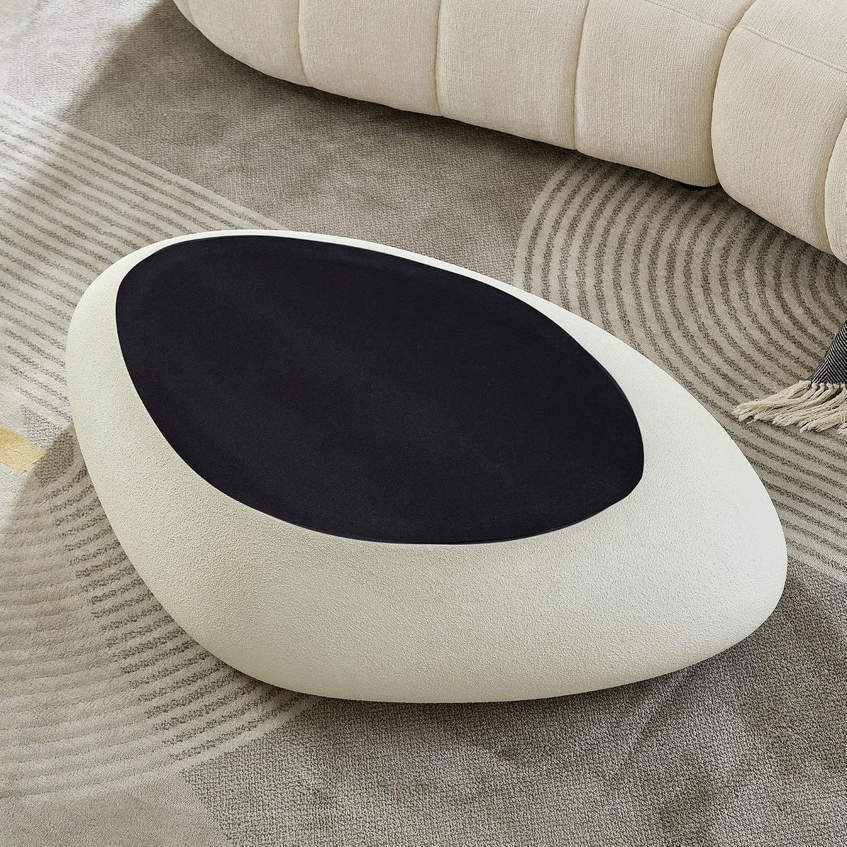 45.28' Oval Coffee Table, Modern Faux Stone Circle Center Tables Accent Drum End Side Table for Living Room, No Installation Required,White