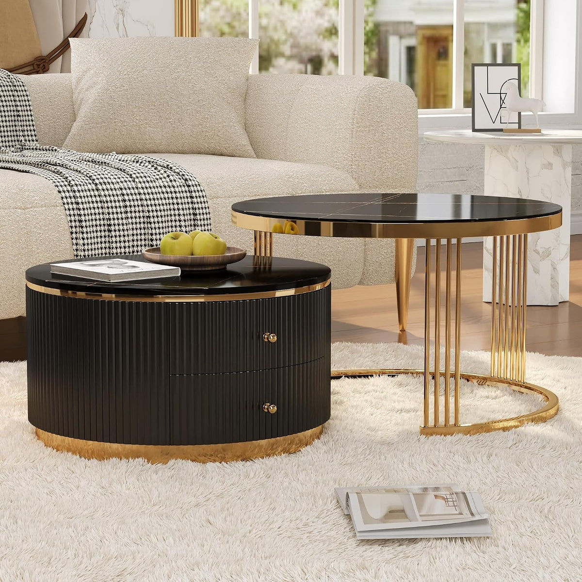 27.6' Black Nesting Coffee Table Set of 2, Modern Round White Coffee Table for Living Room with Storage Drawer Marble Tabletop End Side Table for Bedroom