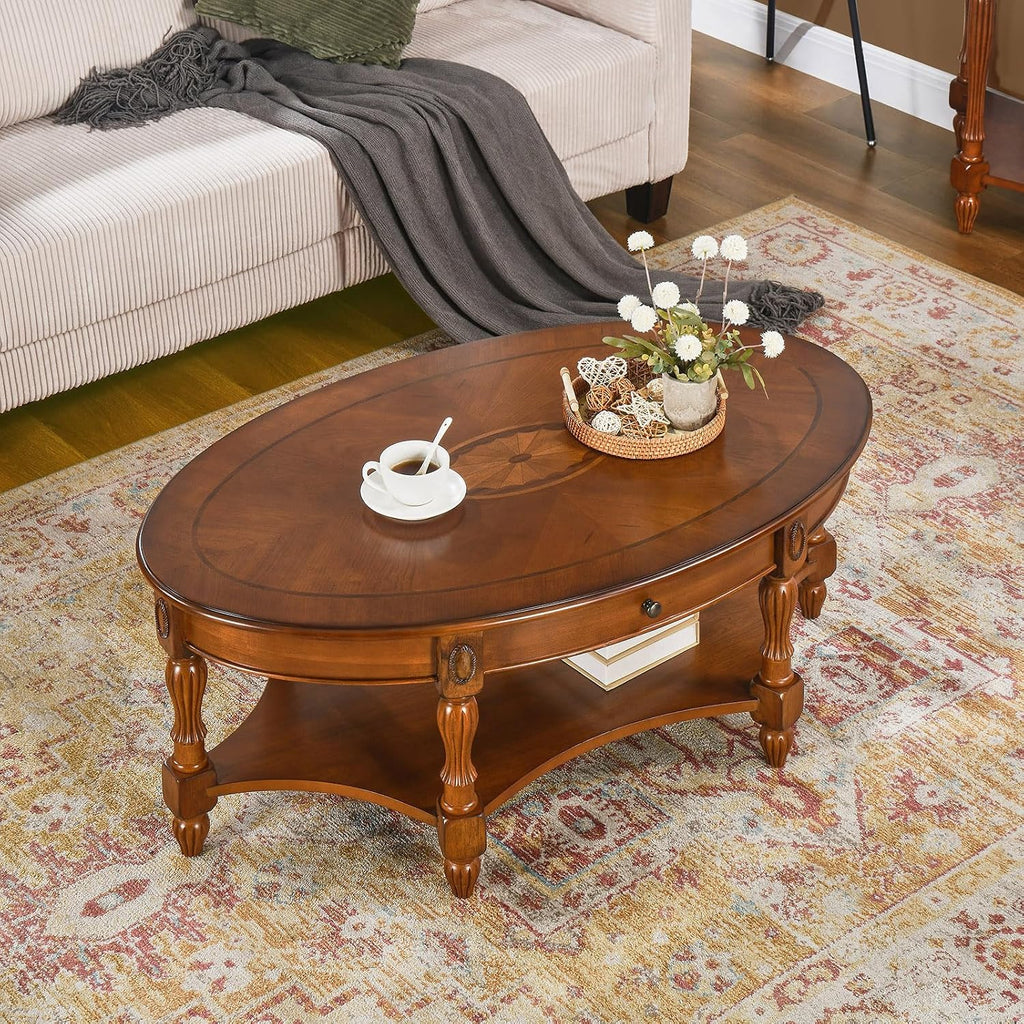 Solid Wood Oval Coffee Table with Drawer, Patterned Top and Vintage Carved Edge, 45' x 18' Center Table in Caramel Brown for Living Room