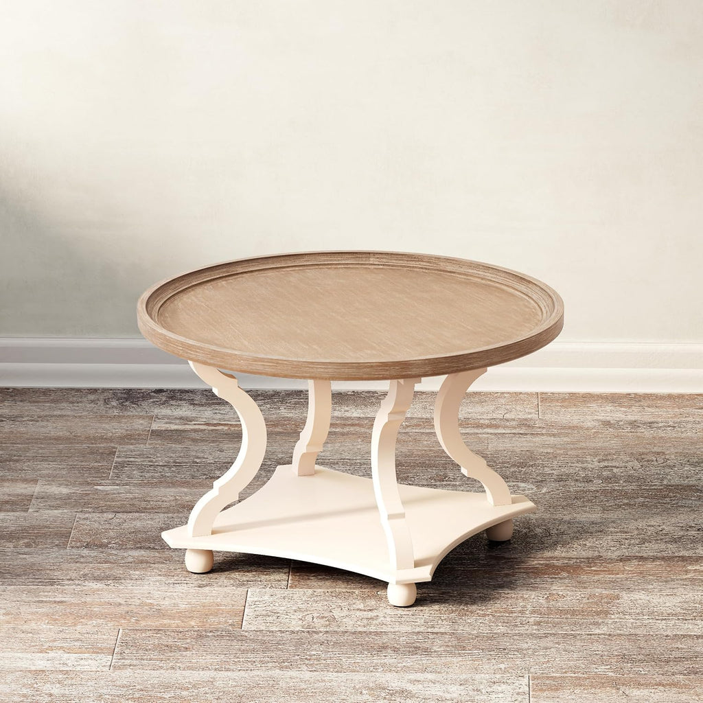 Round Farmhouse Coffee Table with Handmade Finish, Wood Tray Top Rustic Coffee Table for Added Thickness, Accent Table with Storage for Living Room, Small Place, White, Circle