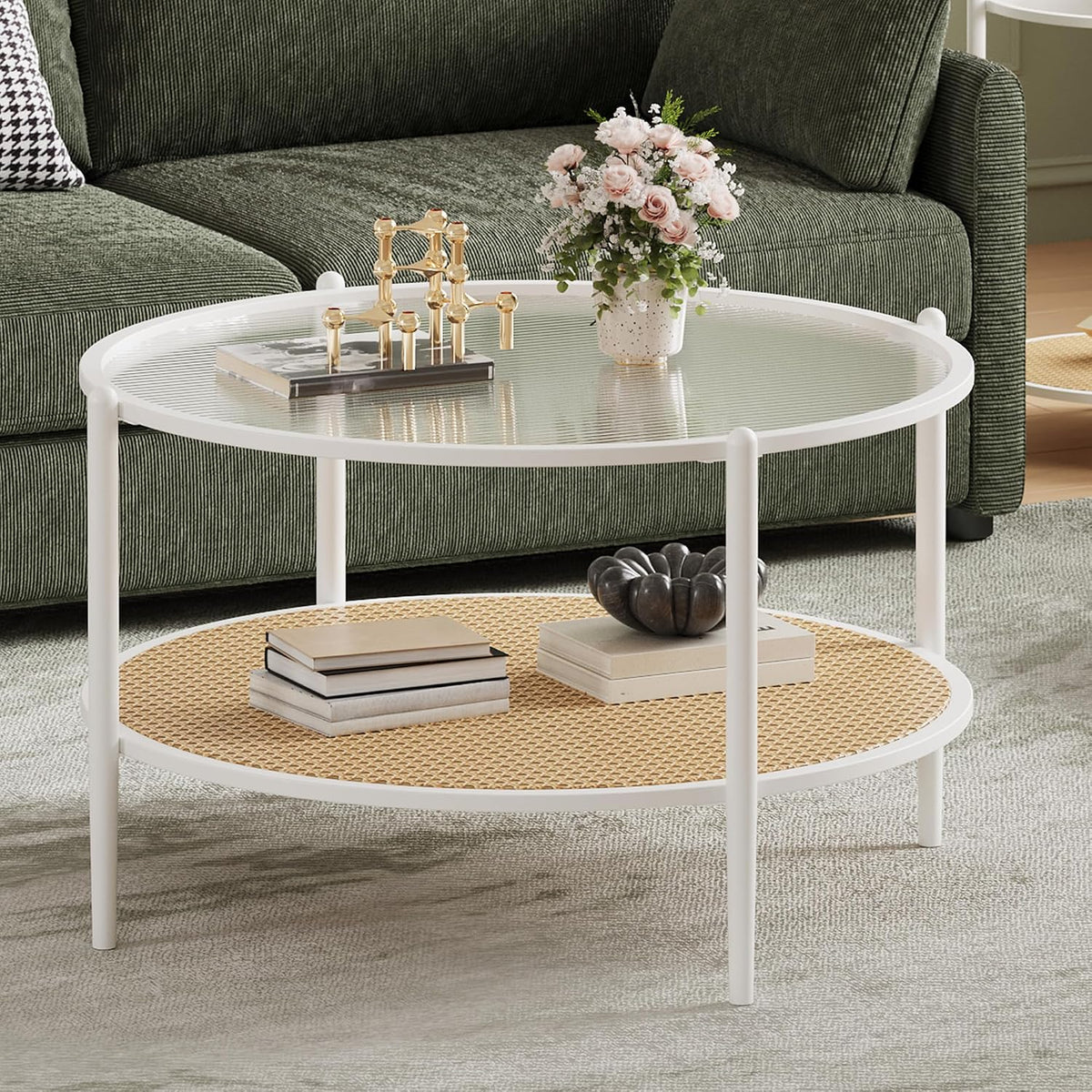 Garvee 30' Round Rattan Coffee Table with Storage, 2-Tier Circle Water-Wave Glass Center Table for Living Room, Modern Small Circle White End Table for Bedroom, Office, Apartment