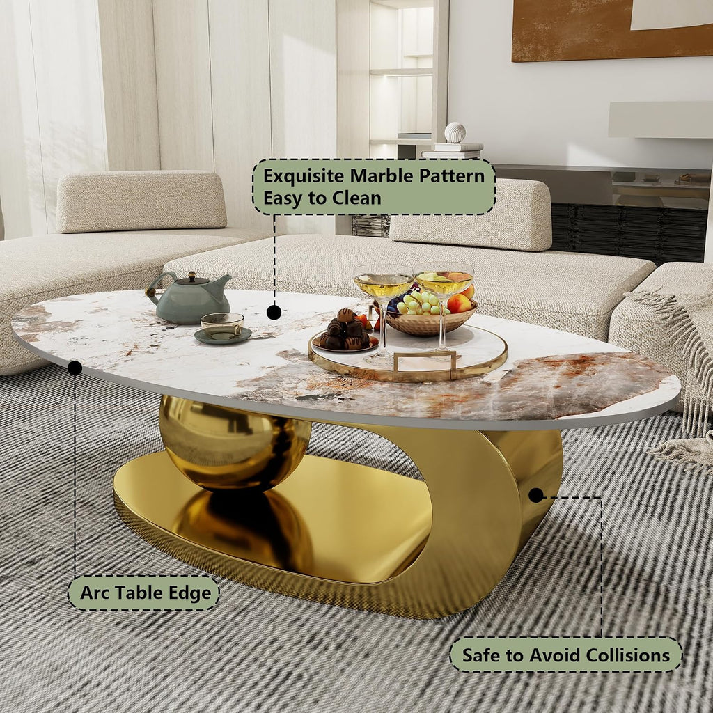 Gold Oval Coffee Table with Stainless Steel Legs,49' Faux Marble Coffee Table with Spherical Base,Luxury Coffee Tables for Living Room