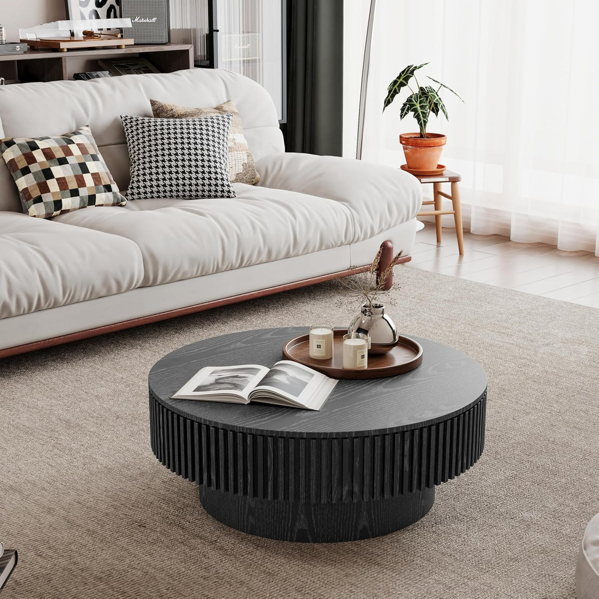 φ31.5 Round Coffee Table with Storage, Wood Veneered Pedestal End Table for Living Room, Modern Contemporary Circle Fluted Drum Side Table for Small Space - ø31.5' x 14'H Black