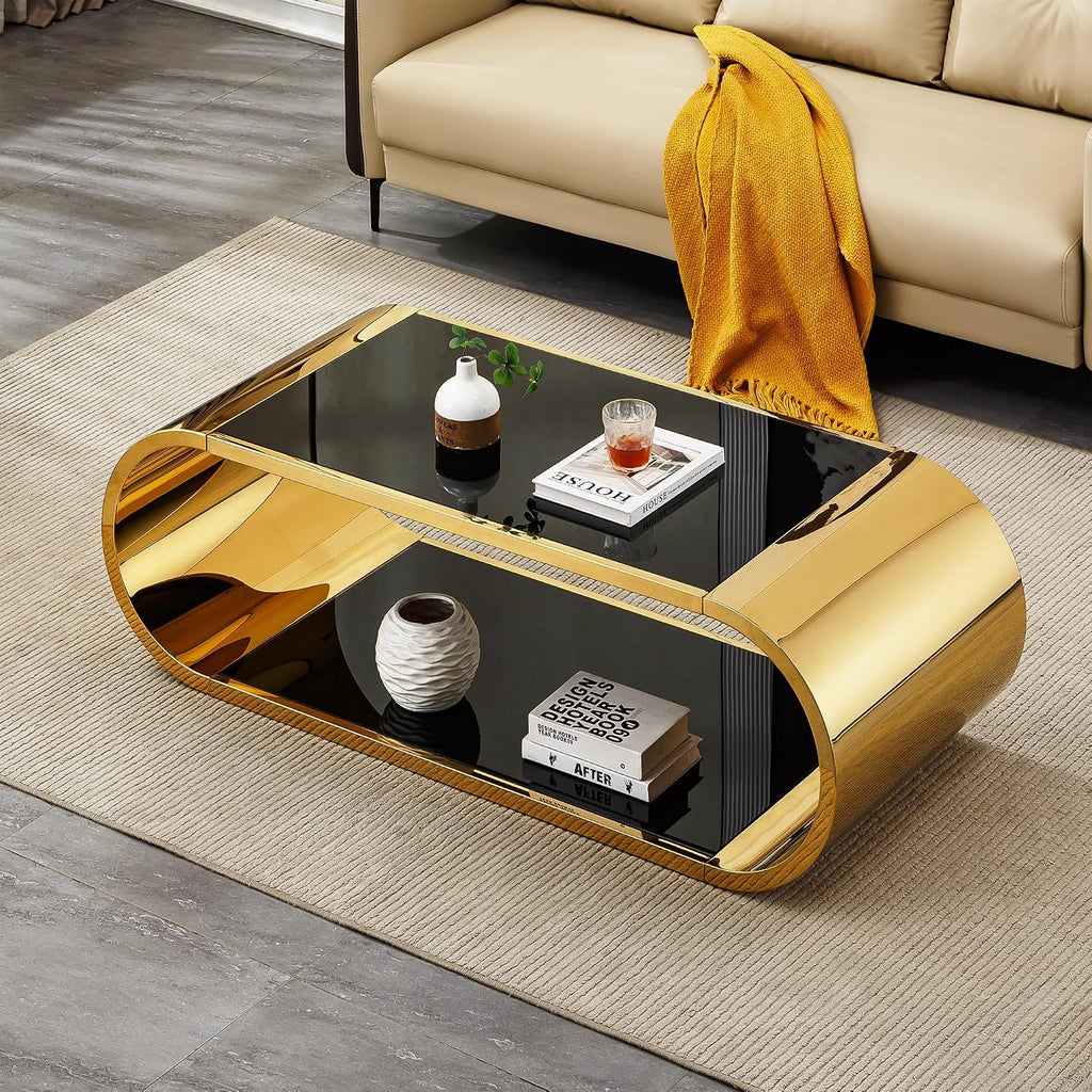 Luxrious Gold Coffee Table with Black Glass Top Living Room Tea Table with Gold Stainless Steel Base,57'