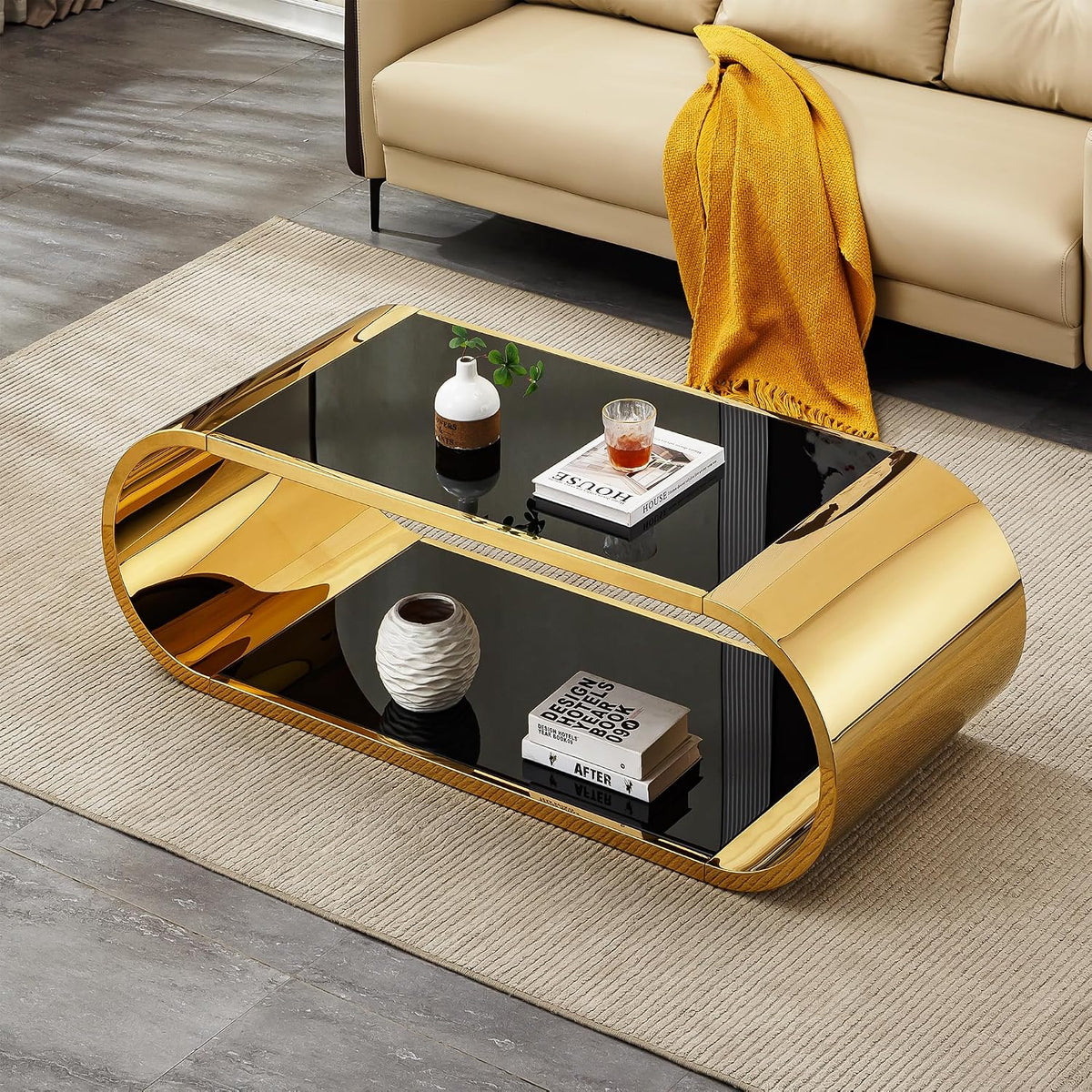 Luxrious Gold Coffee Table with Black Glass Top Living Room Tea Table with Gold Stainless Steel Base,57'