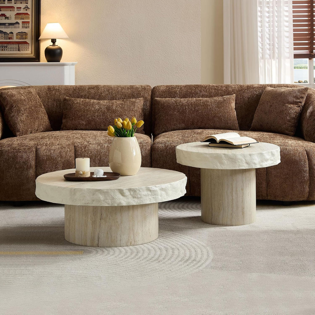 Faux Stone Round Coffee Table Set of 2 for Living Room, Modern Mid-Century Retro Pedestal Coffee Table, Fiberglass Material & Mars Textural Patterns, No Assembly, Beige