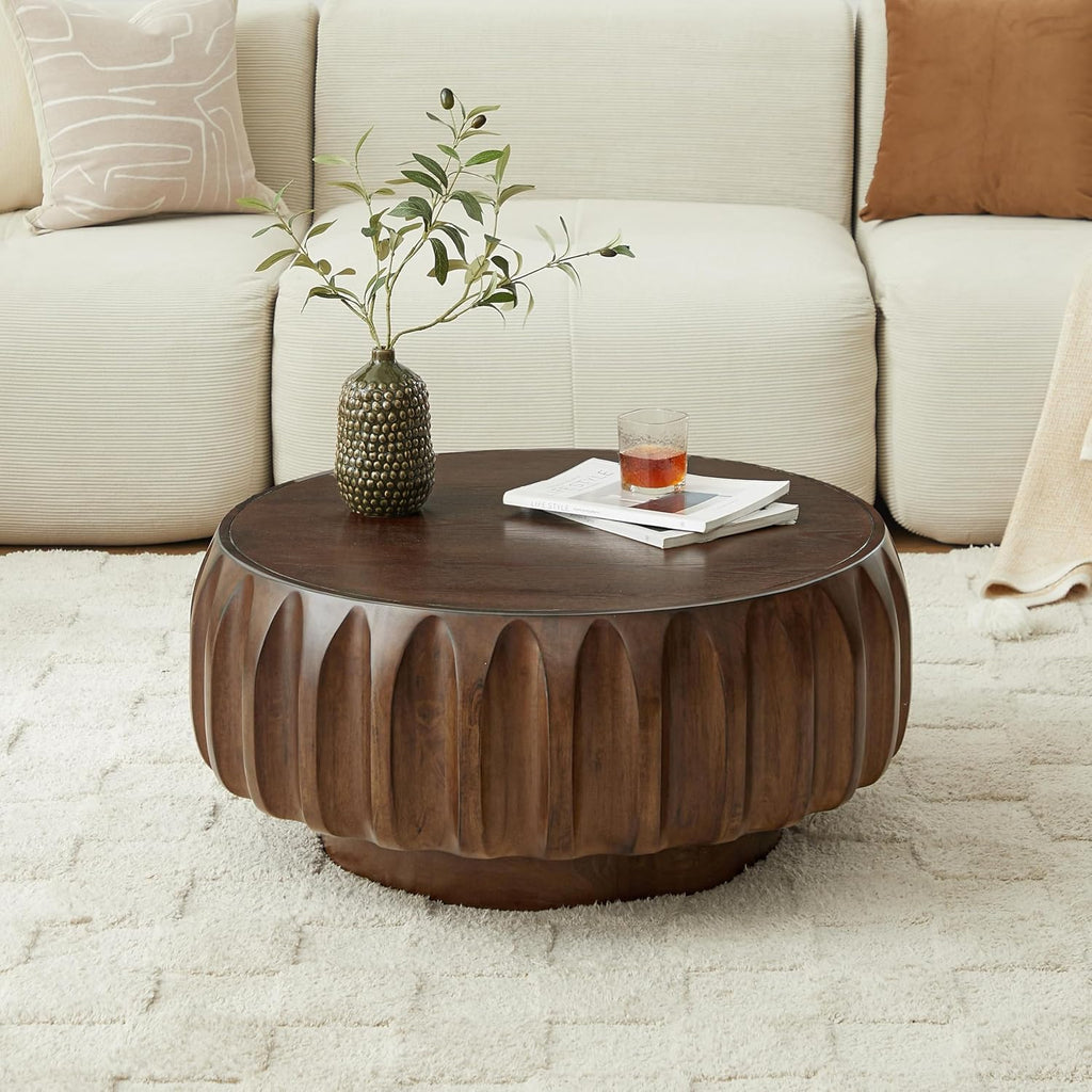 31.5' Circle Coffee Table with Minimalist Curved Fluted & Ash Veneer, Modern Wood Round Center Table, Drum Tea Table Accent Side End Table for Living Room Apartment, Walnut