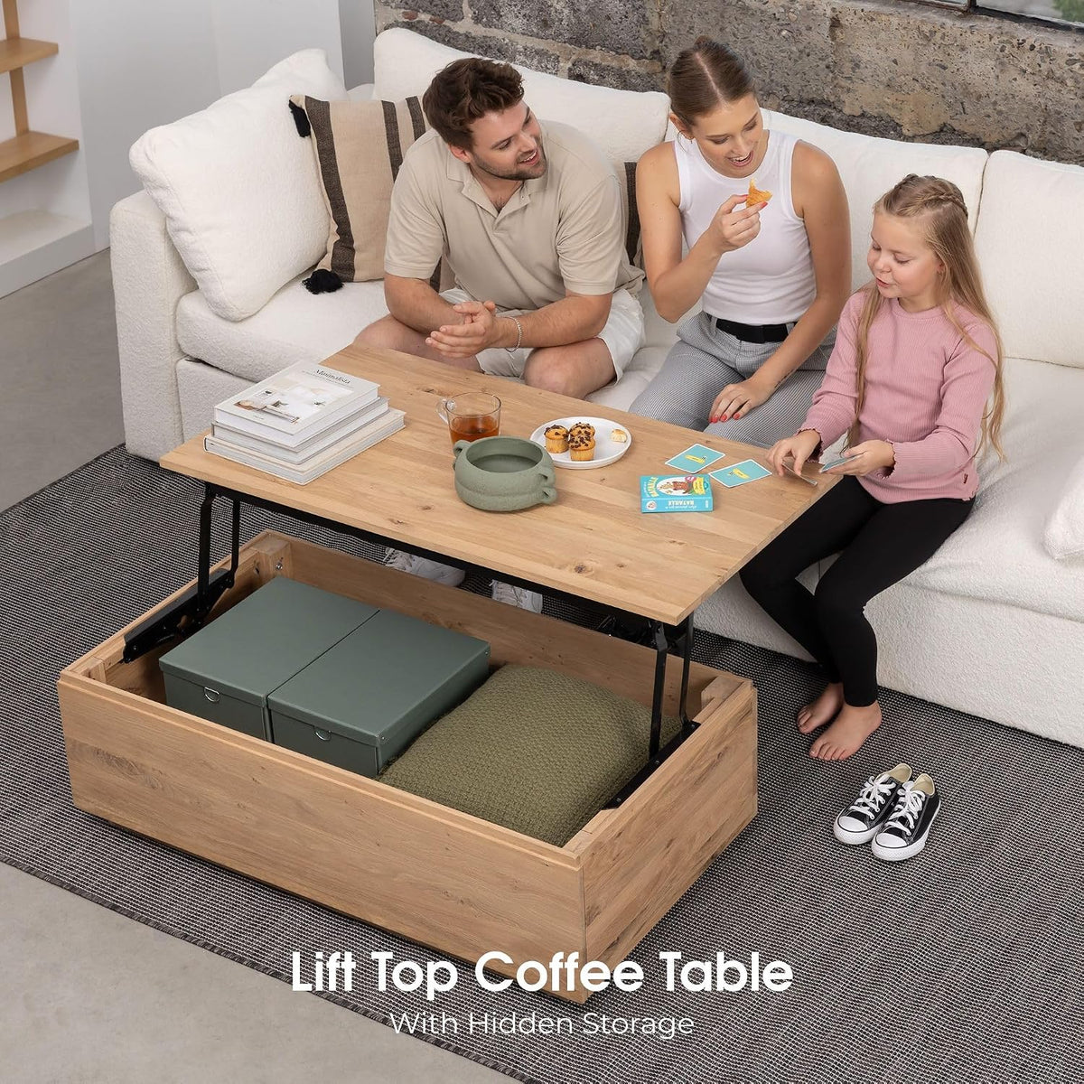 Transformer Table - Lift Top Coffee Table with Storage, Modern Coffee Table for Living Room, Work & Dining, Space-Saving Small Coffee Desk with Hidden Storage, Natural