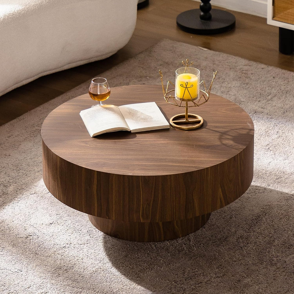 KEVINSPACE Round Wood Coffee Table, Fluted CoffeeTable Handcraft Drum TeaTable CenterTable for Living Room, Modern Wooden CocktailTable for Small Space, Easy Assembly 30.51' Walnut