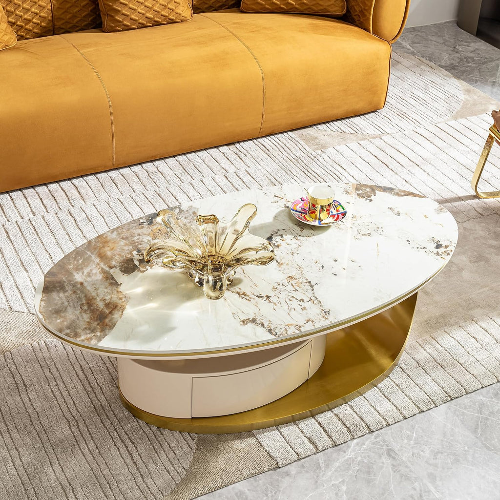 16.93' H Oval Coffee Table with Storage Drawer, Modern Center Tablet with Sintered Stone Tabletop and Marble Pattern, Luxury Coffee Tables with Gold Stainless Steel Base for Bedroom Home Office Beige