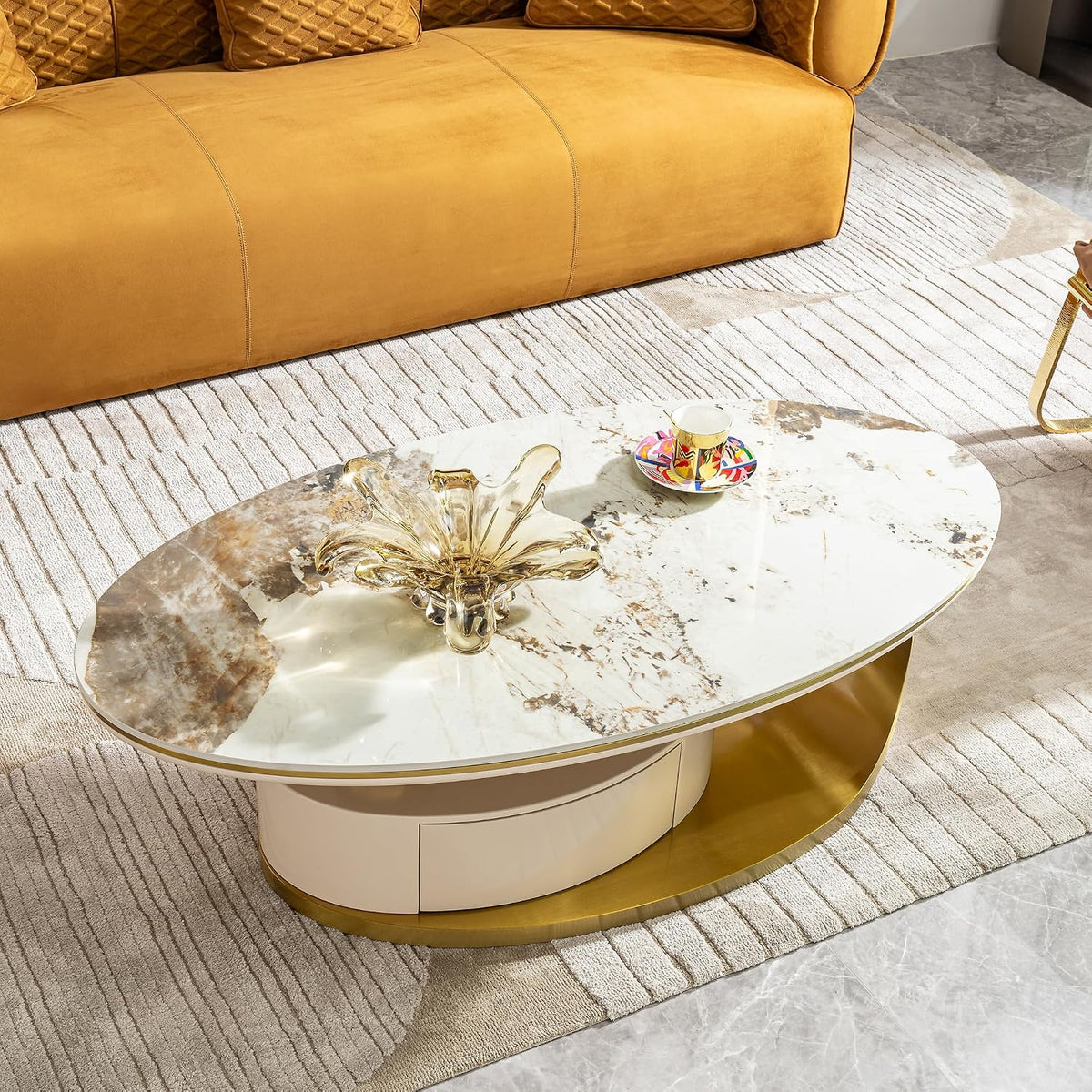 16.93' H Oval Coffee Table with Storage Drawer, Modern Center Tablet with Sintered Stone Tabletop and Marble Pattern, Luxury Coffee Tables with Gold Stainless Steel Base for Bedroom Home Office Beige