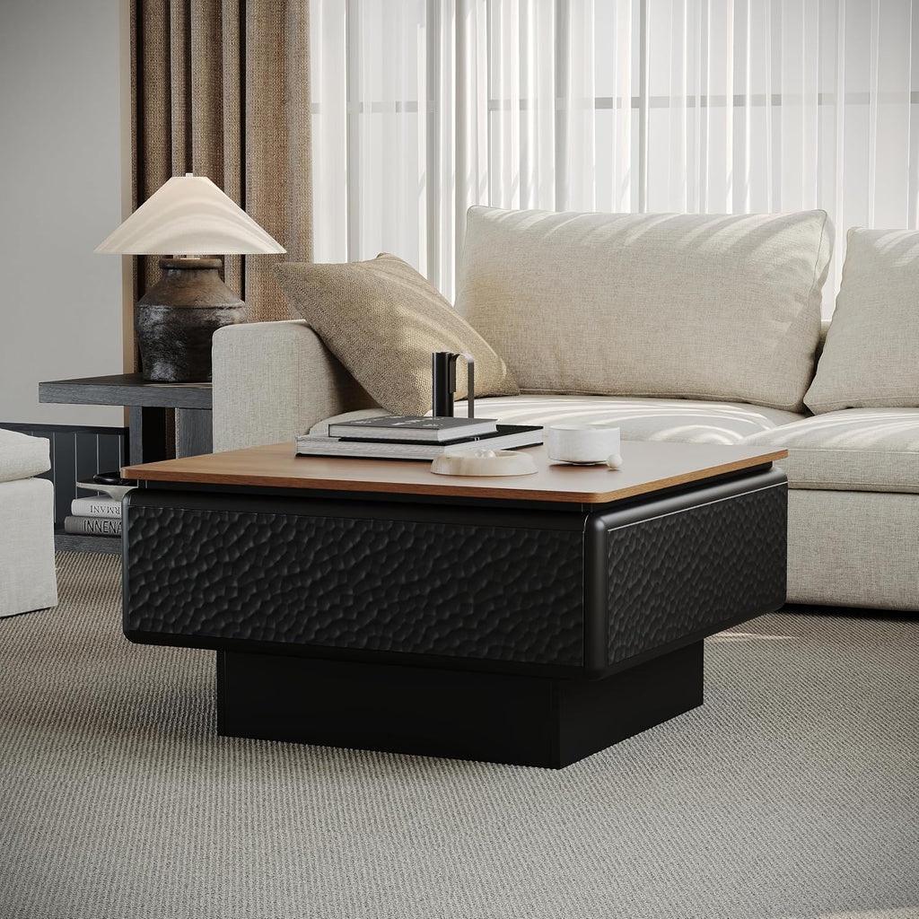 31.5' Lift Top Coffee Tables for Living Room,Mid Century Modern Square Coffee Table with Hidden Storage, Wood Center Tea Table with Stable Honeycomb Pattern Base for Apartment Small Space,Black