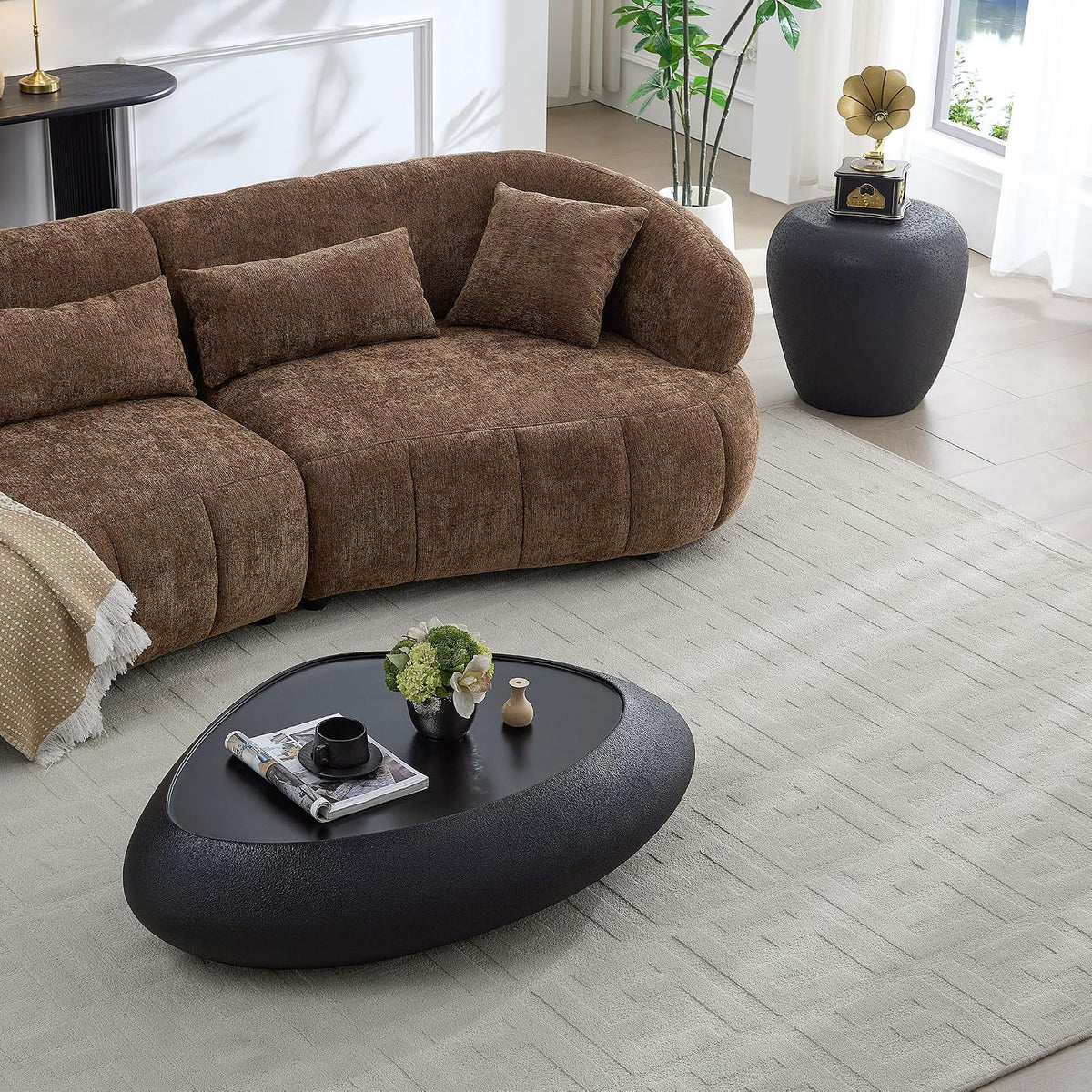 47' Modern Coffee Table Unique Rock Coffee Table Faux Stone Center Tables Round Edge Design Fiberglass Oval Accent Tables for Living Room Office Apartment No Assembly Required Black
