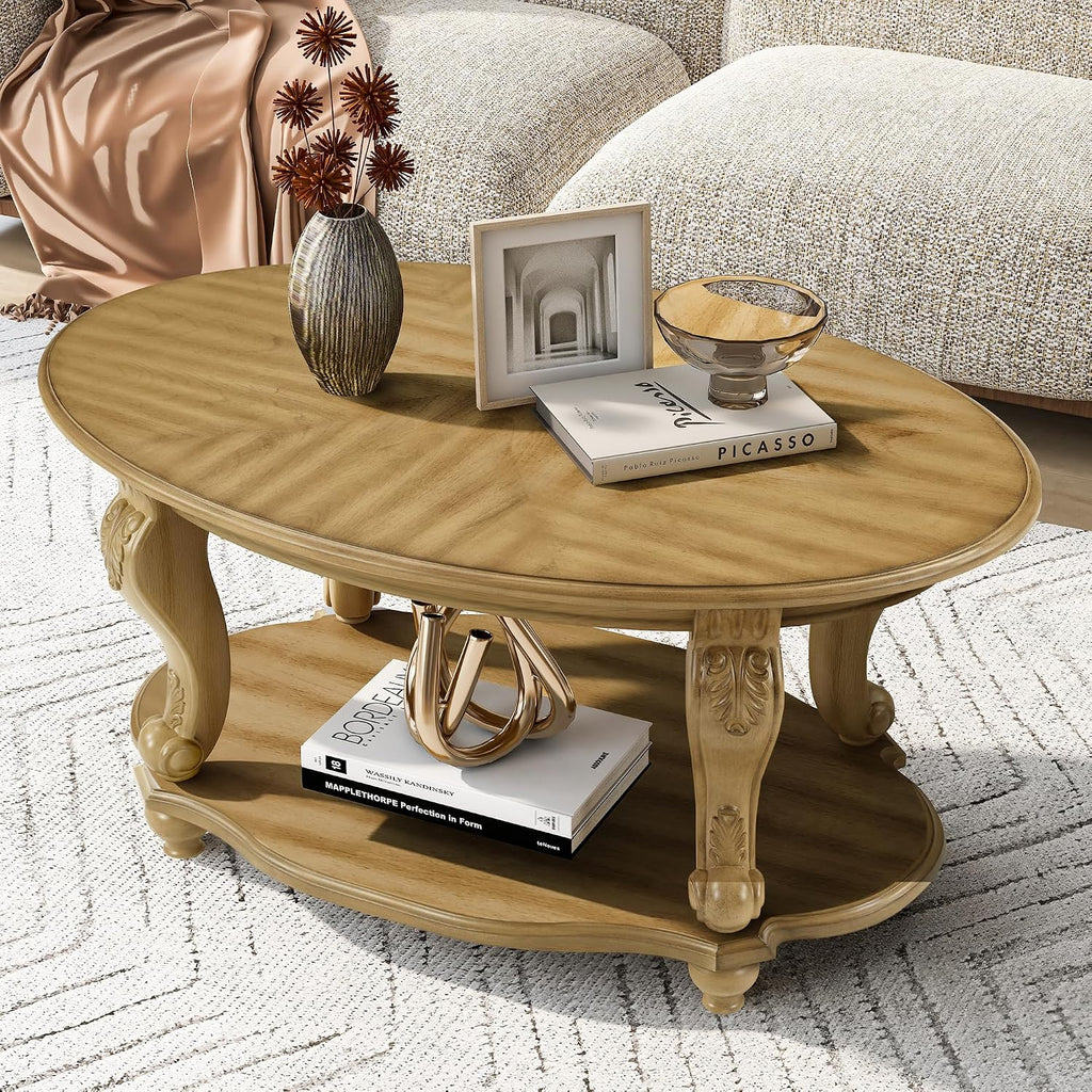 Oval Coffee Table, 42 Inch Wood Center Table with Carved Legs 2-Tier Natural Wood Cocktail Table, Vintage Victorian Coffee Table for Living Room,Antique Natural